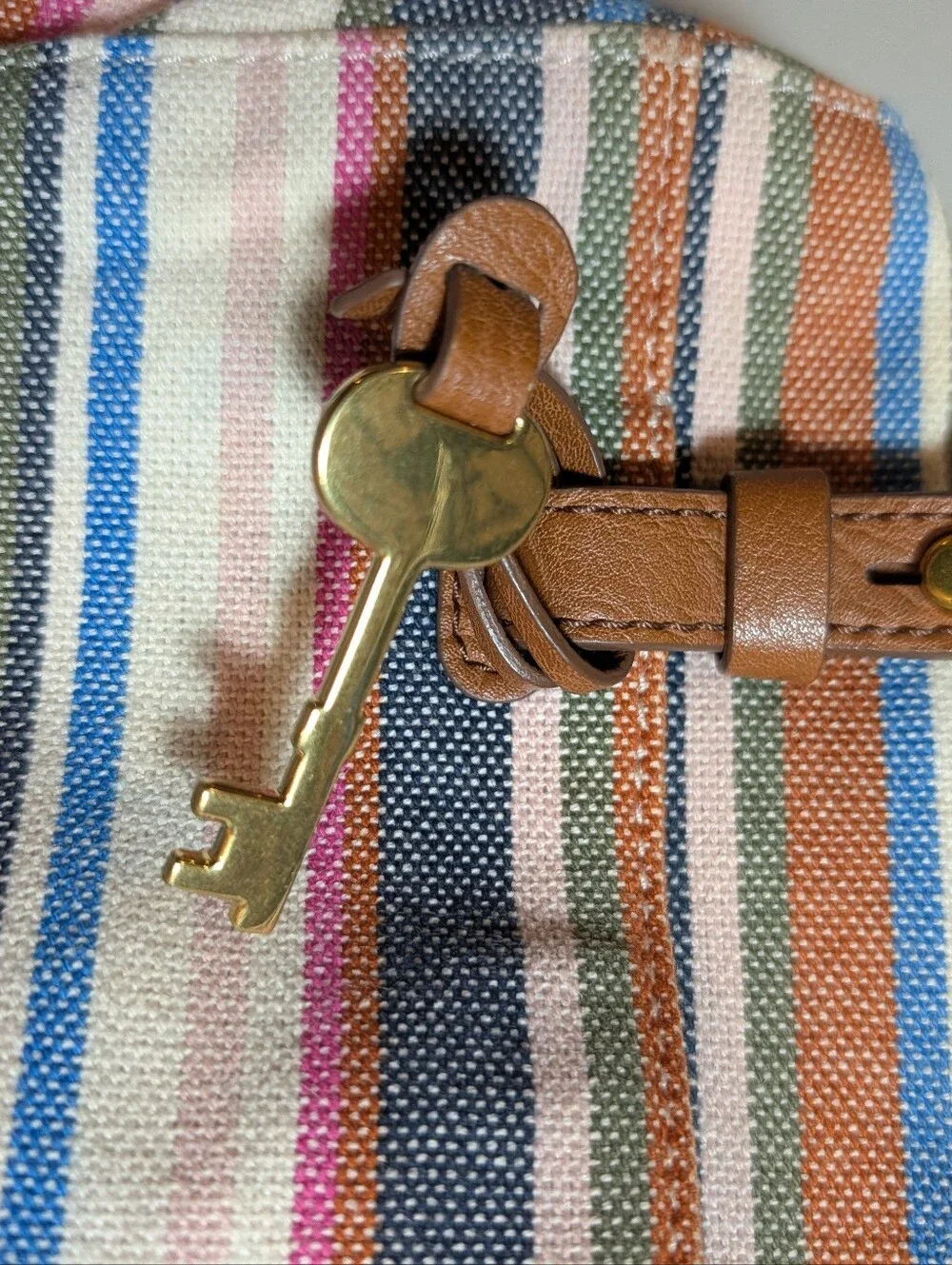 Fossil Striped Canvas Satchel with Tan Leather Accents